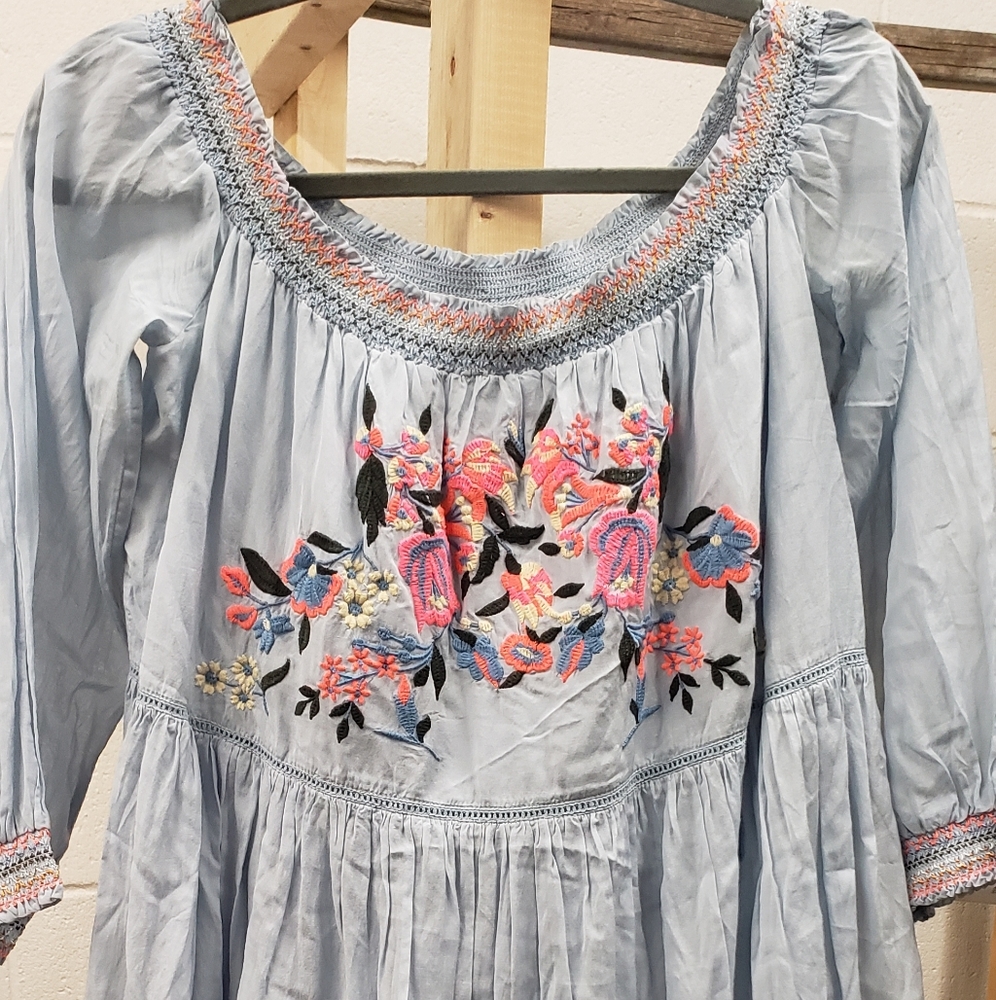 Free People Blue Embroidered Dress Size Large